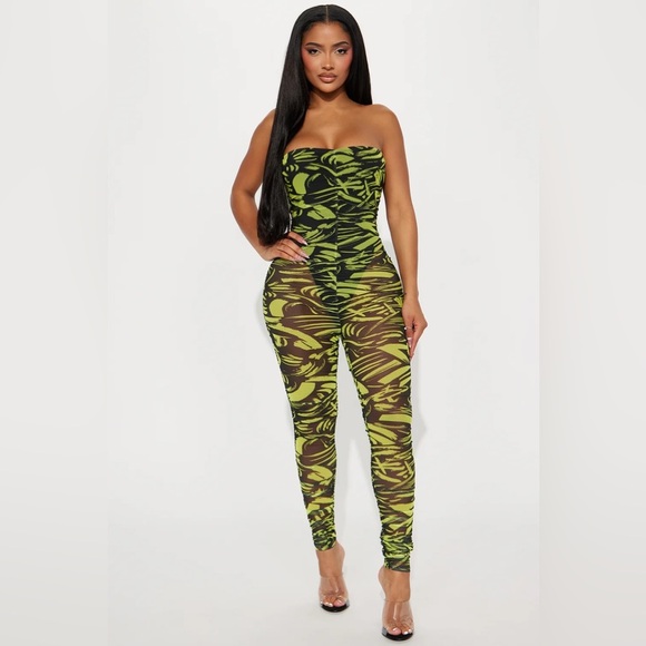 Mesh Green Patterned Jumpsuit - Picture 1 of 5